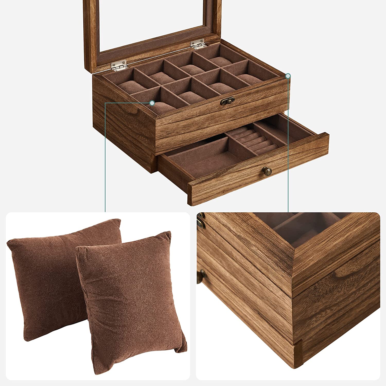 Kutija za satove i nakit sa staklenim poklopcem, 27x13x20 cm, rustikalni orah | SONGMICS-vitahome.hr