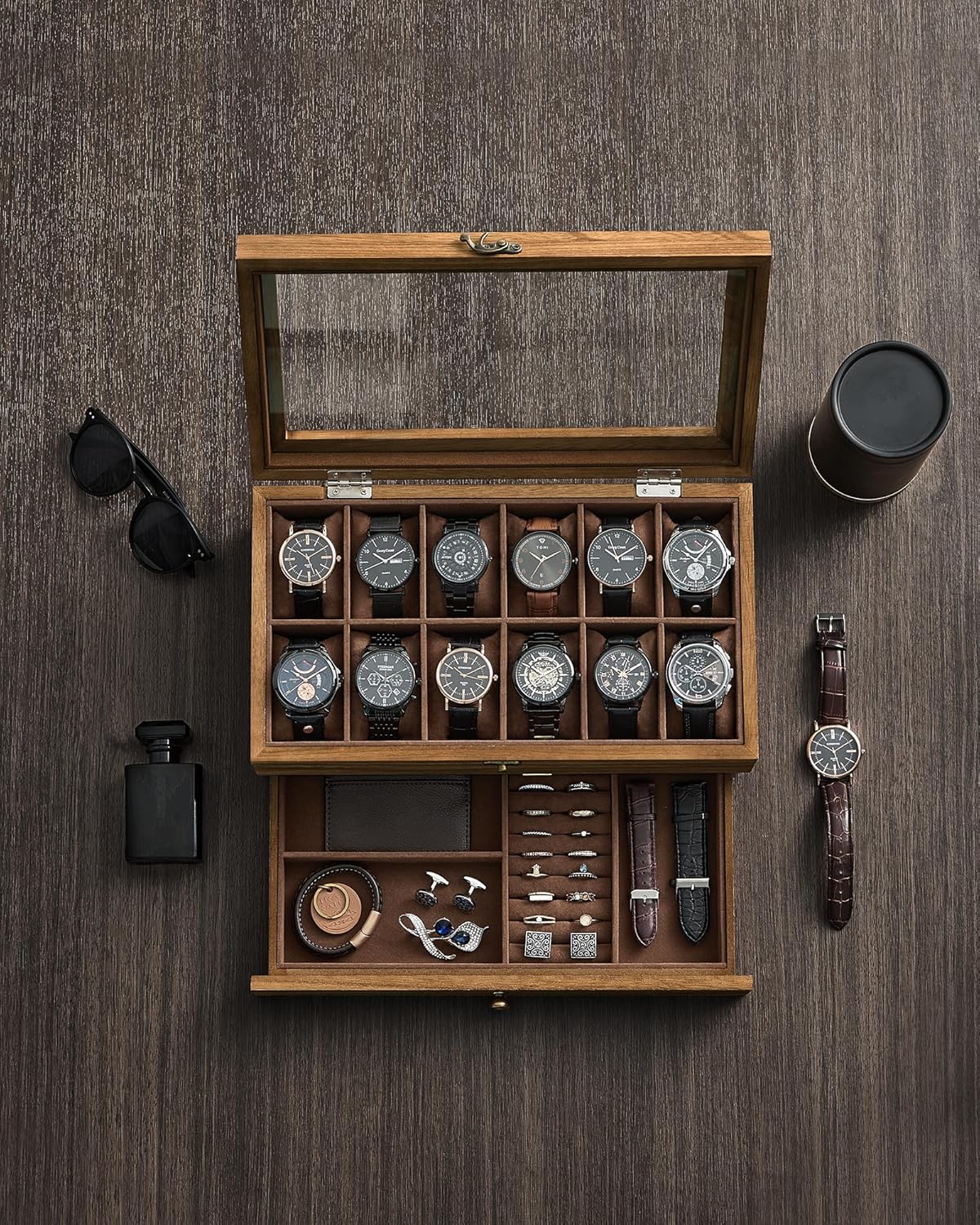 Kutija za satove s 12 odjeljaka, boja rustikalnog oraha