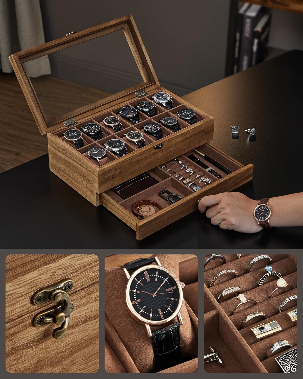 Kutija za satove s 12 odjeljaka, boja rustikalnog oraha