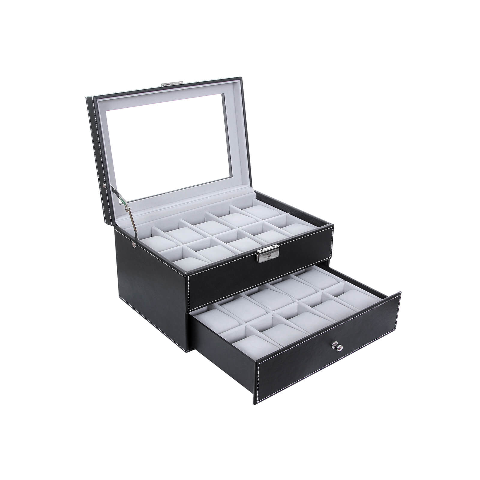 Kutija za satove za 20 satova sa staklenim poklopcem, 28,5x16x20,5 cm, crna | SONGMICS-vitahome.hr