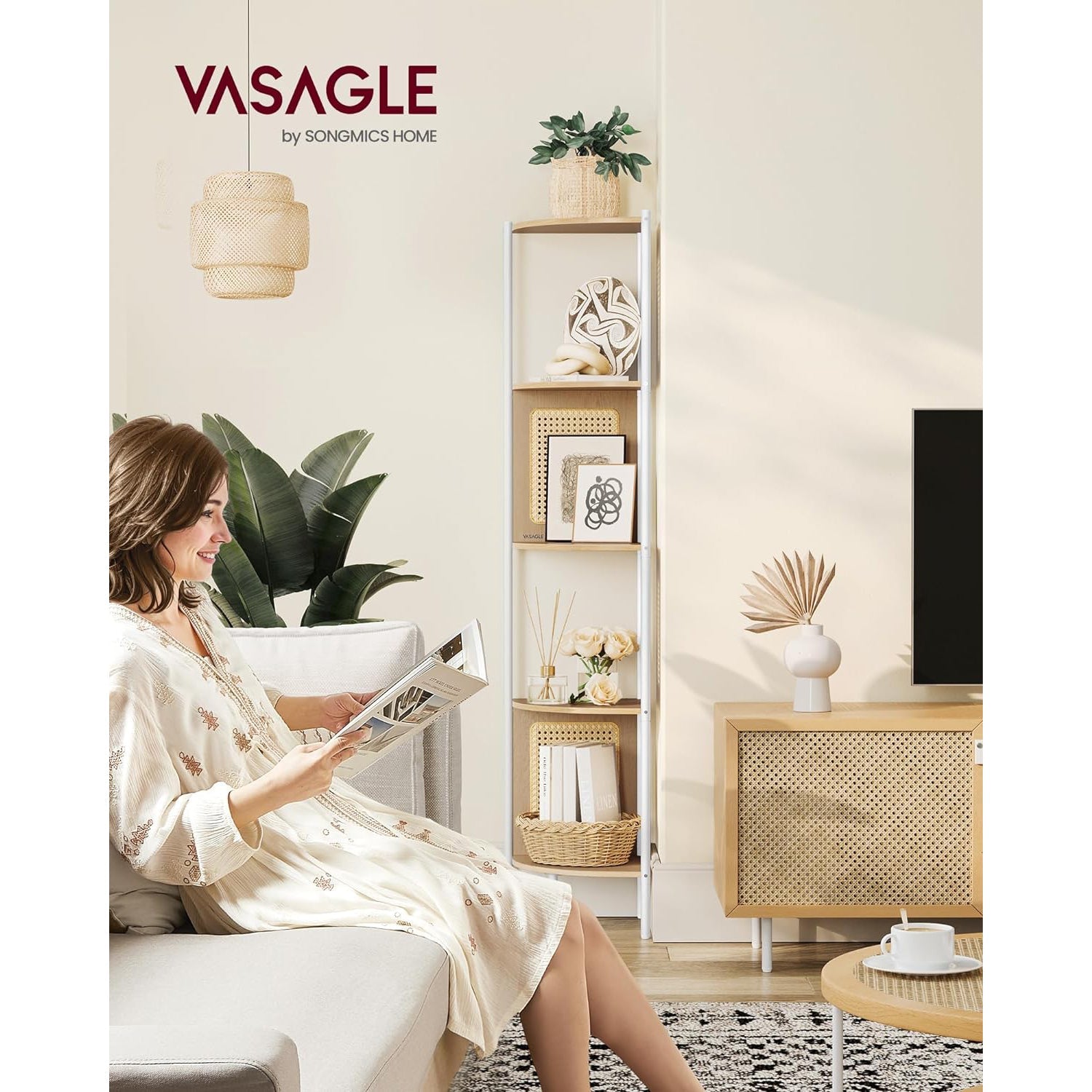 Kutna polica na 5 razina, polica za knjige, bež hrast boje | VASAGLE-vitahome.hr