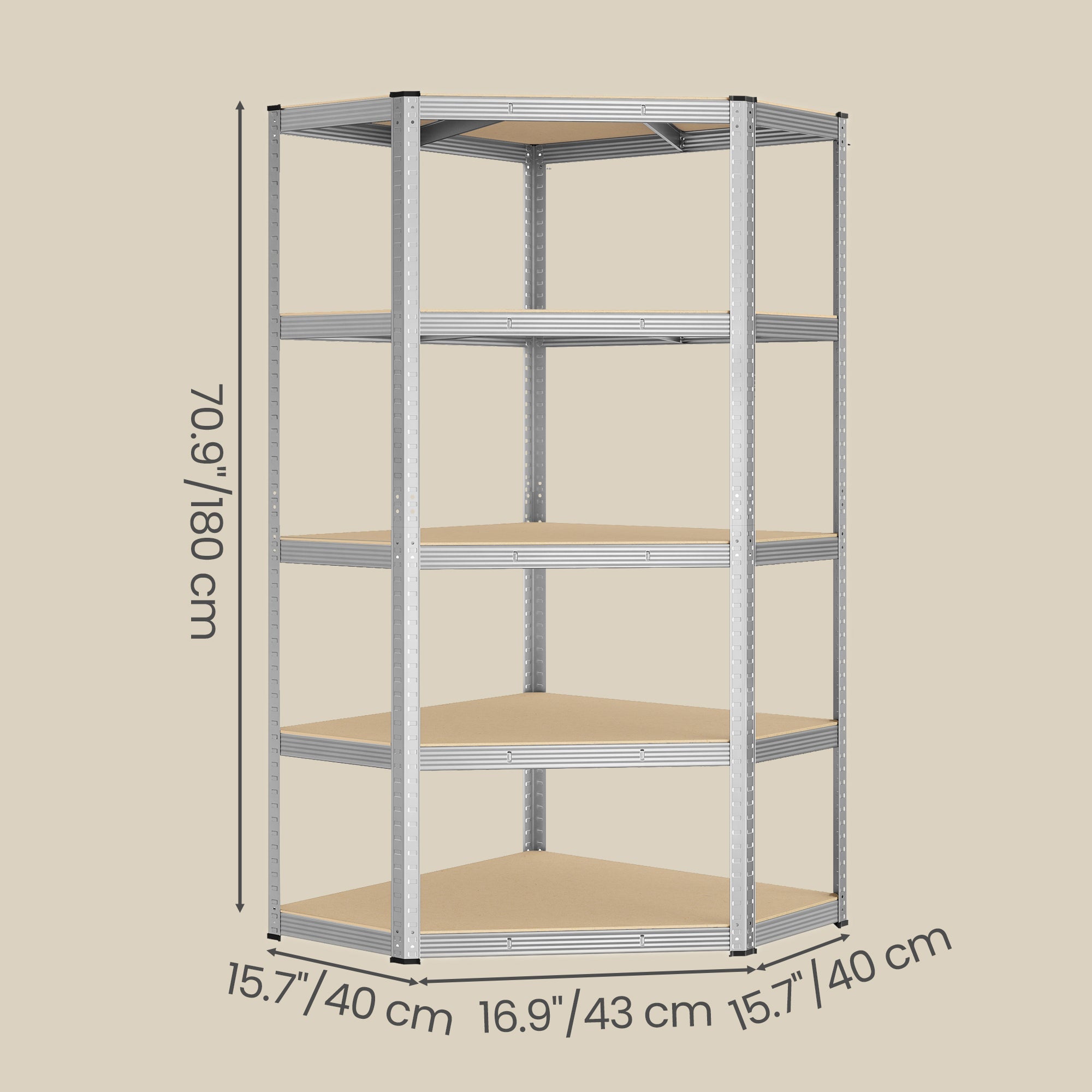 Kutna polica velike nosivosti, 5 razina, 875 kg, 180 x 70 x 40 x 43 cm, srebrna i prirodno bež