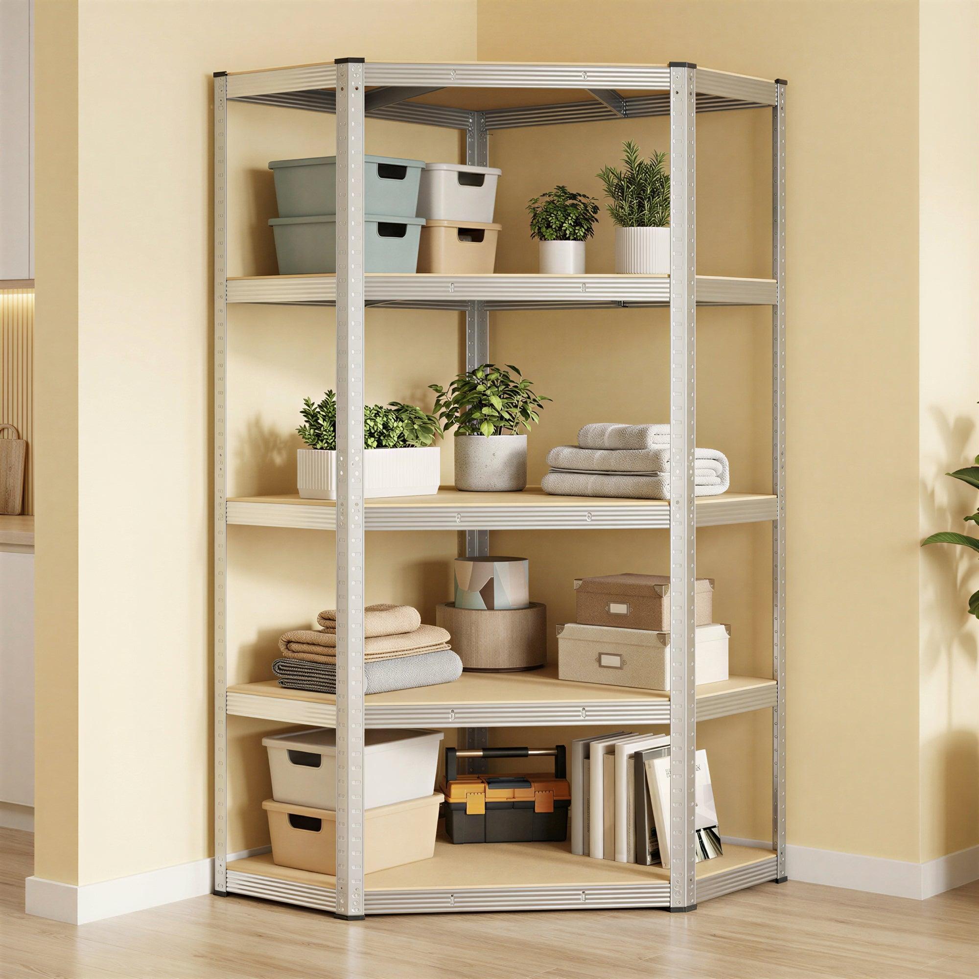 Kutna polica velike nosivosti, 5 razina, 875 kg, 180 x 70 x 40 x 43 cm, srebrna i prirodno bež