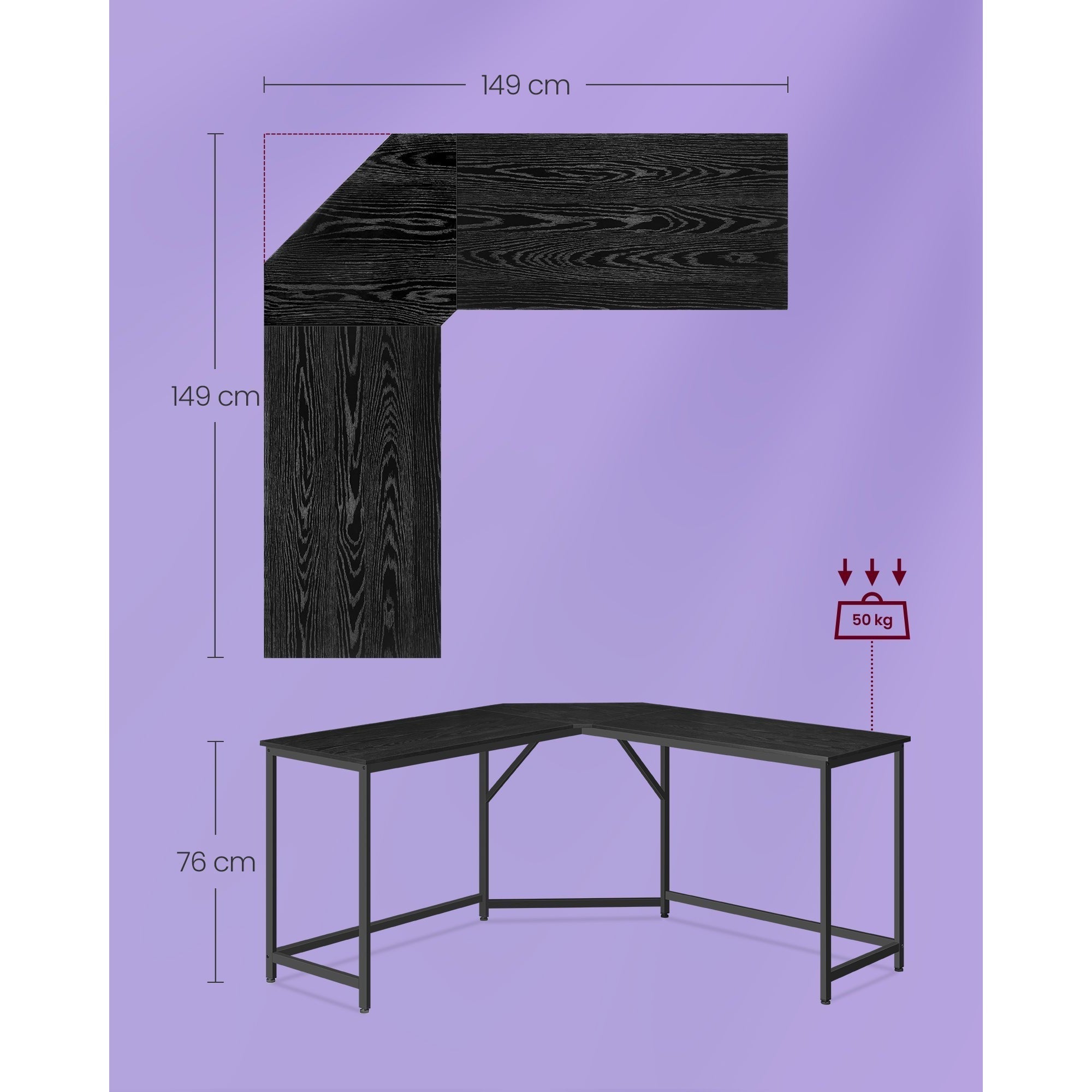 Kutni stol L-oblika, radni stol, gaming stol, 149 x 149 x 76 cm, crne boje | VASAGLE-vitahome.hr