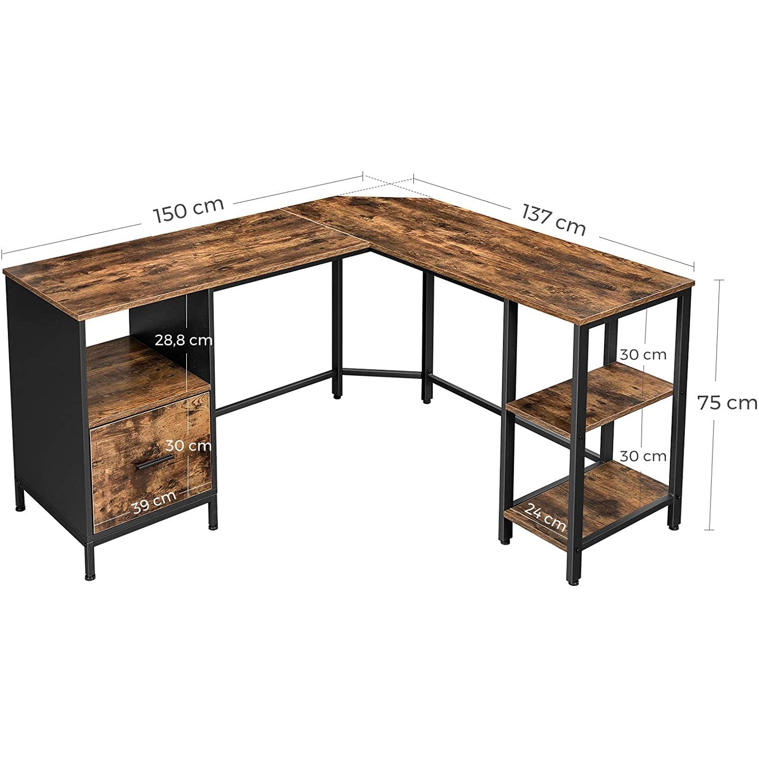 kutni stol, računalni stol u obliku slova L 137 x 150 x 75 cm | Vasagle-vitahome.hr