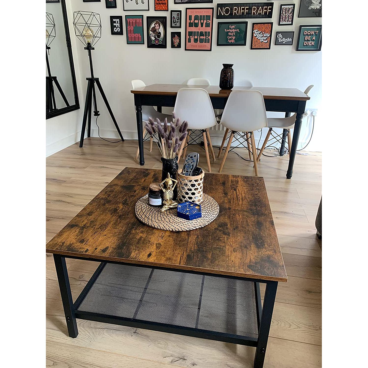 Kvadratni stol za kavu s mrežastom policom, 80 x 80 x 45 cm, rustično smeđi | VASAGLE-vitahome.hr