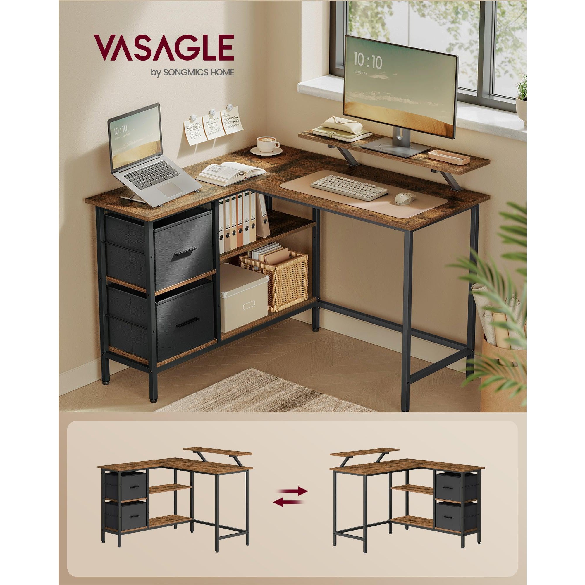L alakú íróasztal 2 tágas fiókkal, sarokasztal állítható polccal, rusztikus barna-VASAGLE-Vita Home
