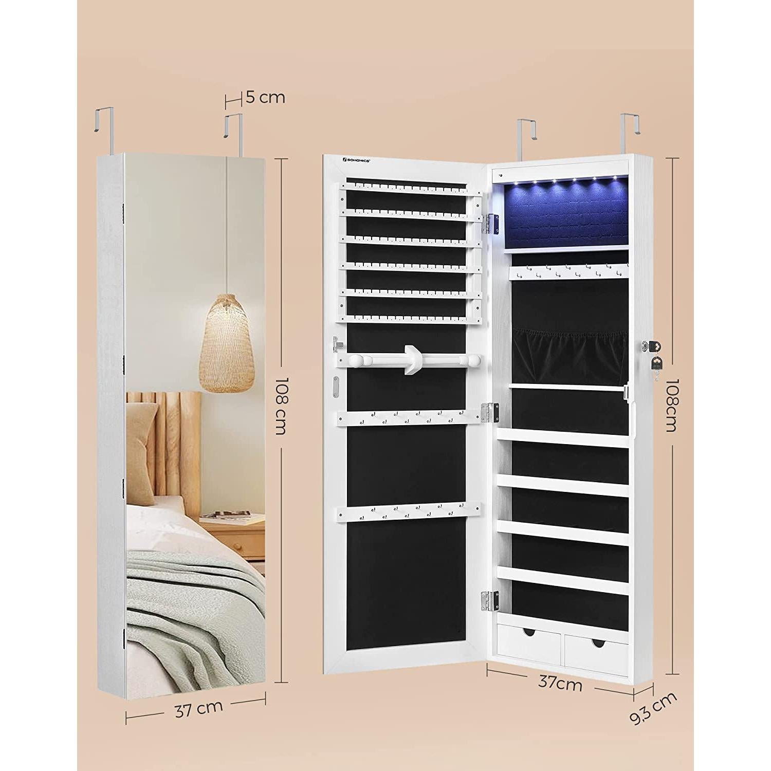 LED držač za nakit može se postaviti na zid ili vrata 37 x 108 x 9,3 cm | SONGMICS-vitahome.hr