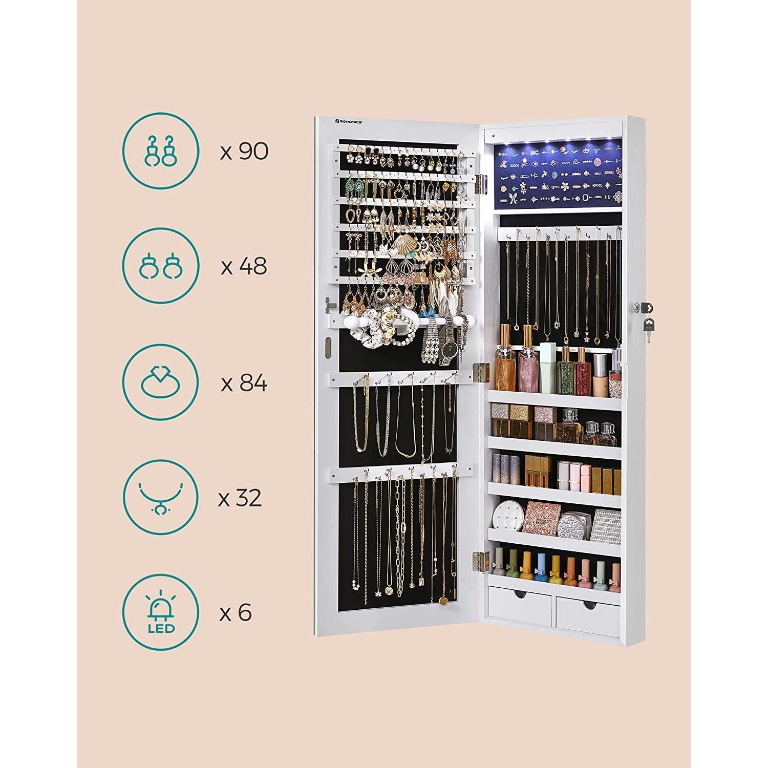 LED držač za nakit može se postaviti na zid ili vrata 37 x 108 x 9,3 cm | SONGMICS-vitahome.hr