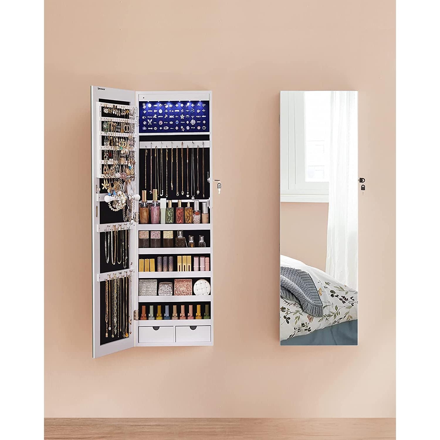 LED držač za nakit može se postaviti na zid ili vrata 37 x 108 x 9,3 cm | SONGMICS-vitahome.hr