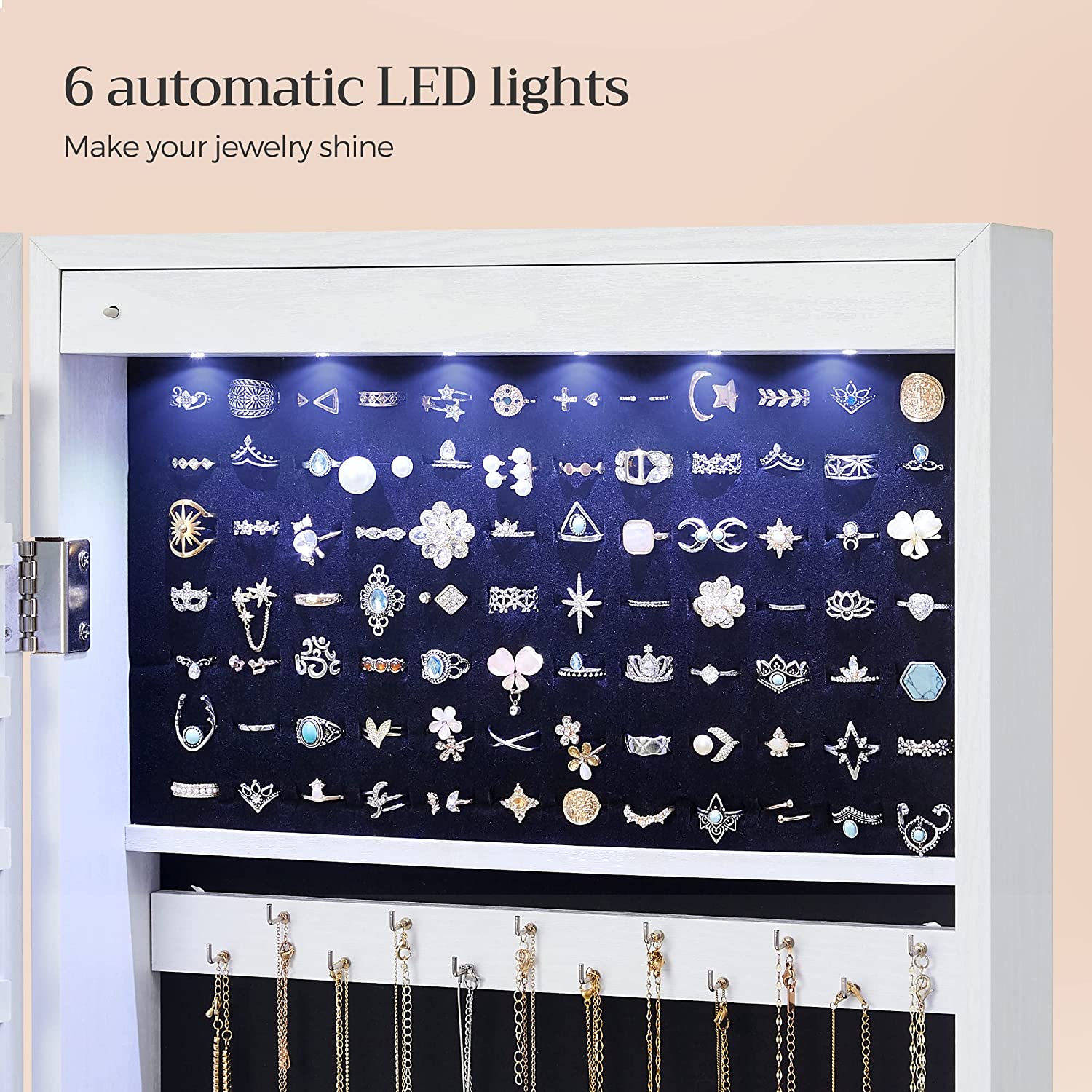LED ormarić za nakit, zidni organizator nakita s ogledalom i 2 ladice, bijeli | SONGMICS-vitahome.hr