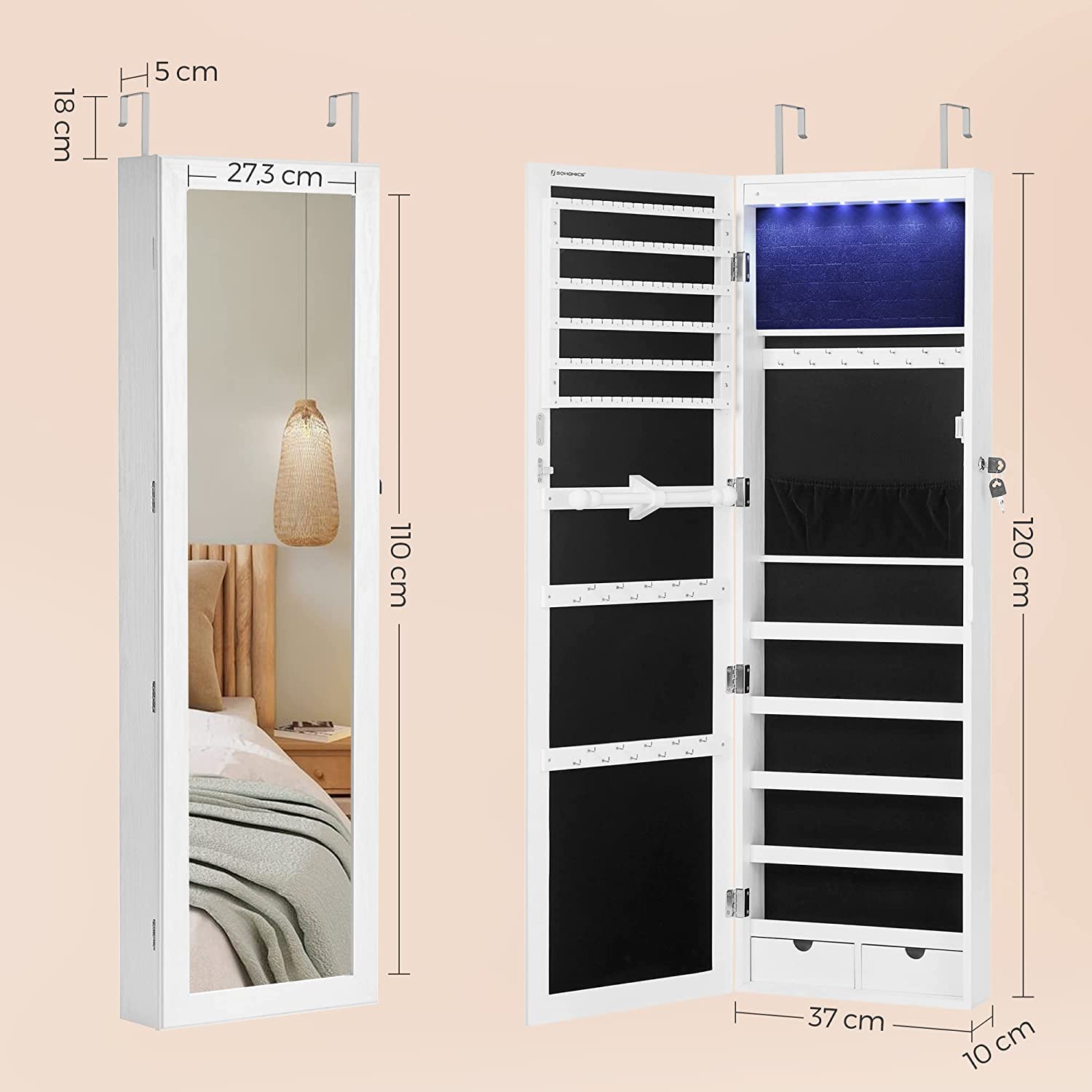LED ormarić za nakit, zidni organizator nakita s ogledalom i 2 ladice, bijeli | SONGMICS-vitahome.hr