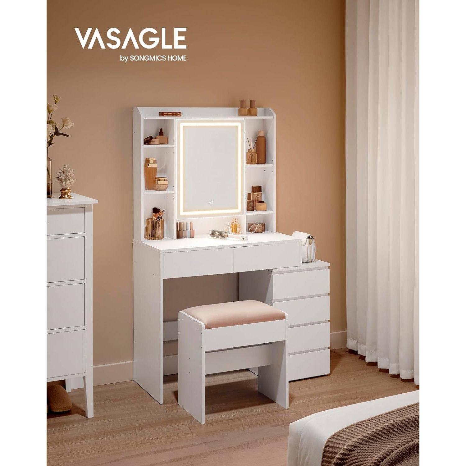 LED osvjetljeni toaletni stolić s ogledalom, 40 x 97,5 x 145 cm, bijeli | VASAGLE-vitahome.hr