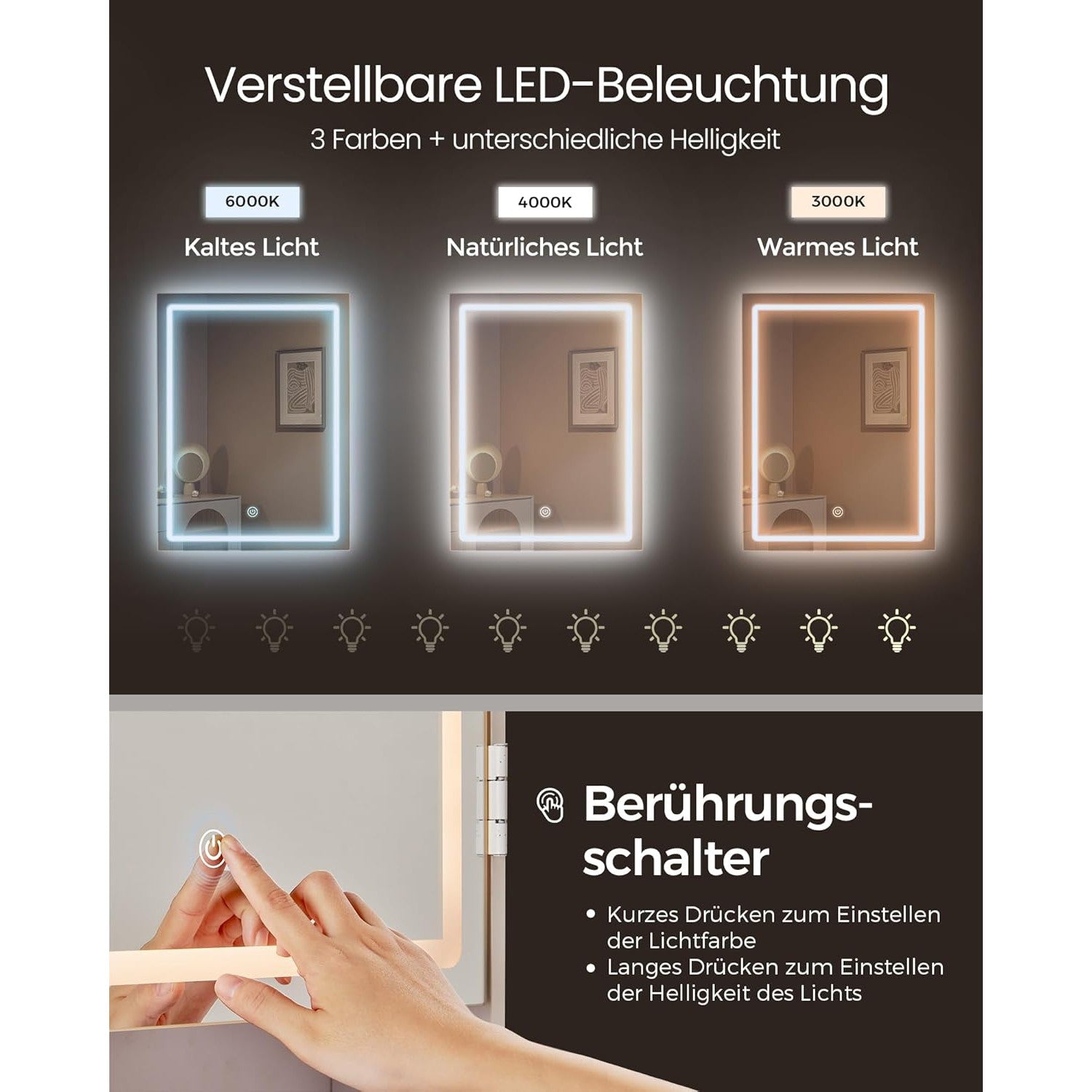 LED osvjetljeni toaletni stolić s ogledalom, 40 x 97,5 x 145 cm, bijeli | VASAGLE-vitahome.hr