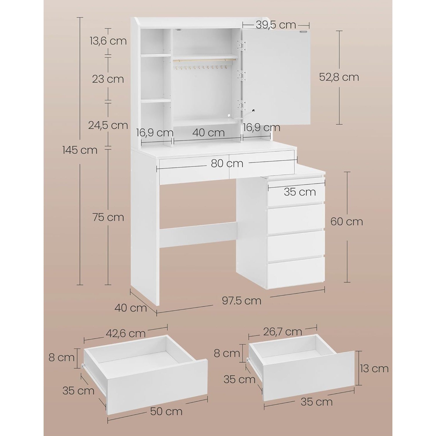 LED osvjetljeni toaletni stolić s ogledalom, 40 x 97,5 x 145 cm, bijeli | VASAGLE-vitahome.hr