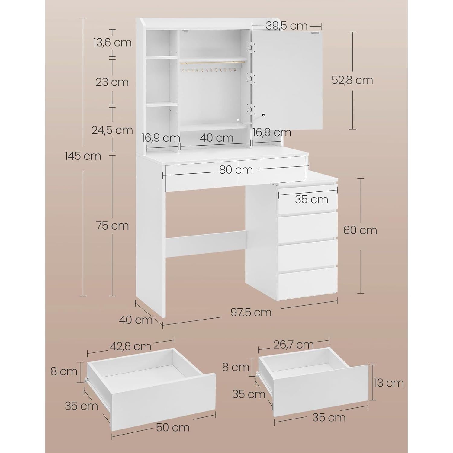 LED osvjetljeni toaletni stolić s ogledalom, 40 x 97,5 x 145 cm, bijeli | VASAGLE-vitahome.hr