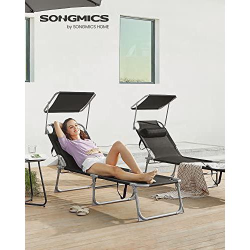 Ležaljka s naslonom za glavu, podrškom za leđa i suncobranom, crna | SONGMICS-vitahome.hr