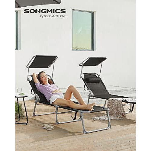Ležaljka s naslonom za glavu, podrškom za leđa i suncobranom, crna | SONGMICS-vitahome.hr