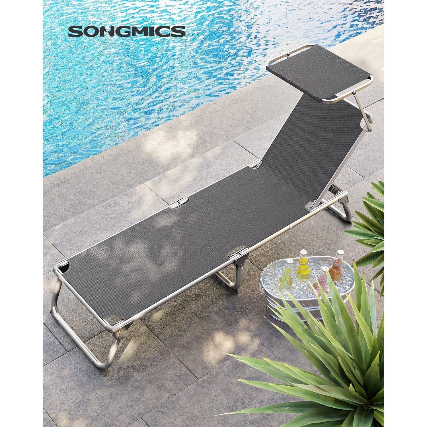 Ležaljka za sunčanje sa suncobranom i podesivim naslonom za leđa, siva | SONGMICS-vitahome.hr