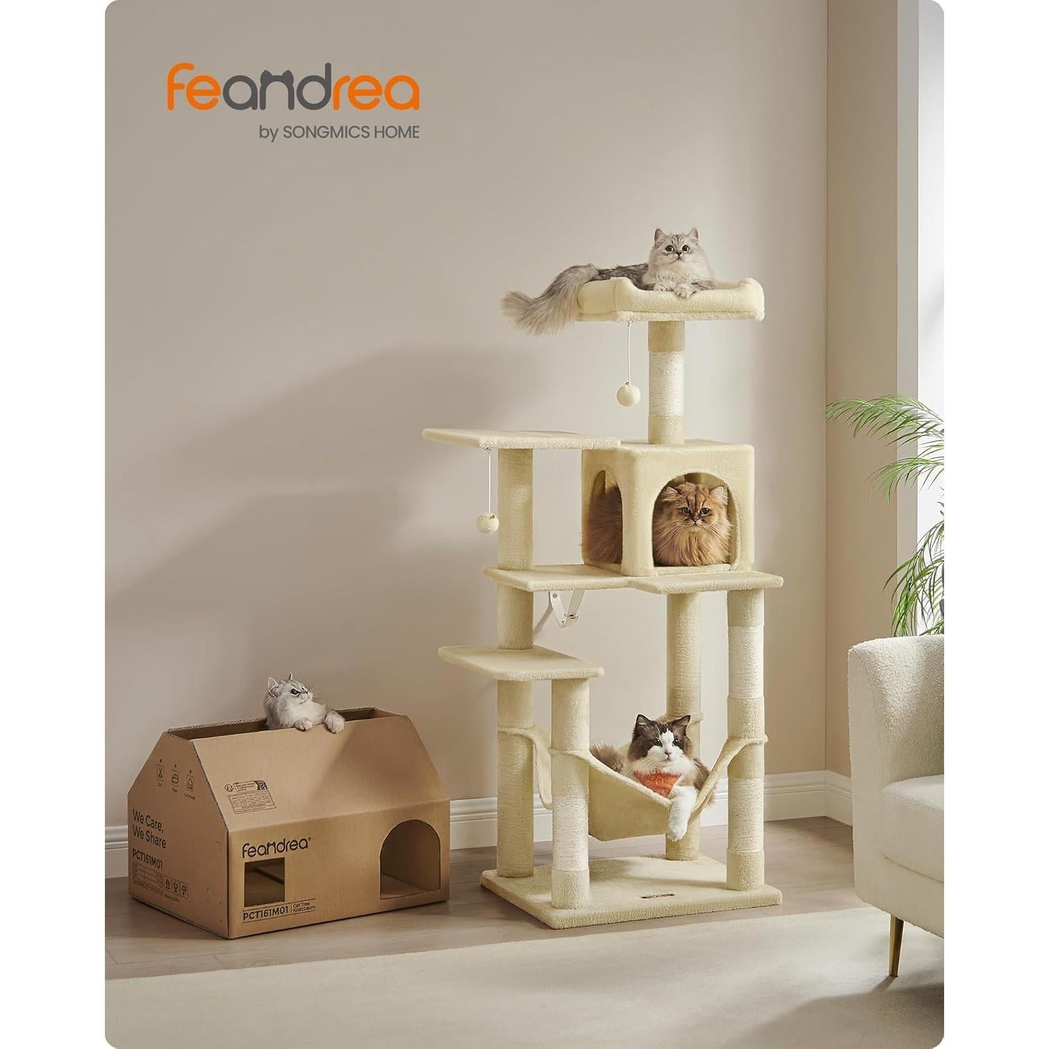 Mačje drvo visine 143 cm s 4 stubca za grebanje, bež boje | FEANDREA | FEANDREA-vitahome.hr