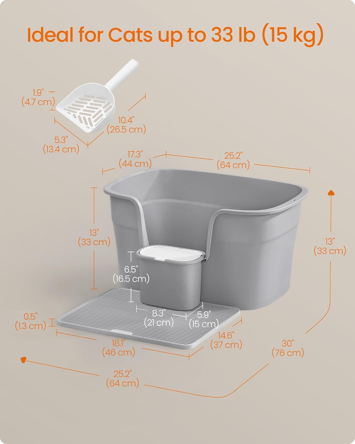 Mačji WC, kutija za mačji pijesak, 64 × 76 × 33 cm, siva | FEANDREA-FEANDREA-Vita Home