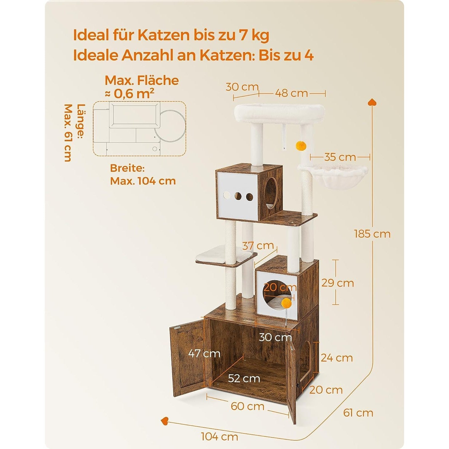Macska kaparó, 185 cm magas macska kaparóoszlop alomdobozzal, rusztikus barna-FEANDREA-Vita Home