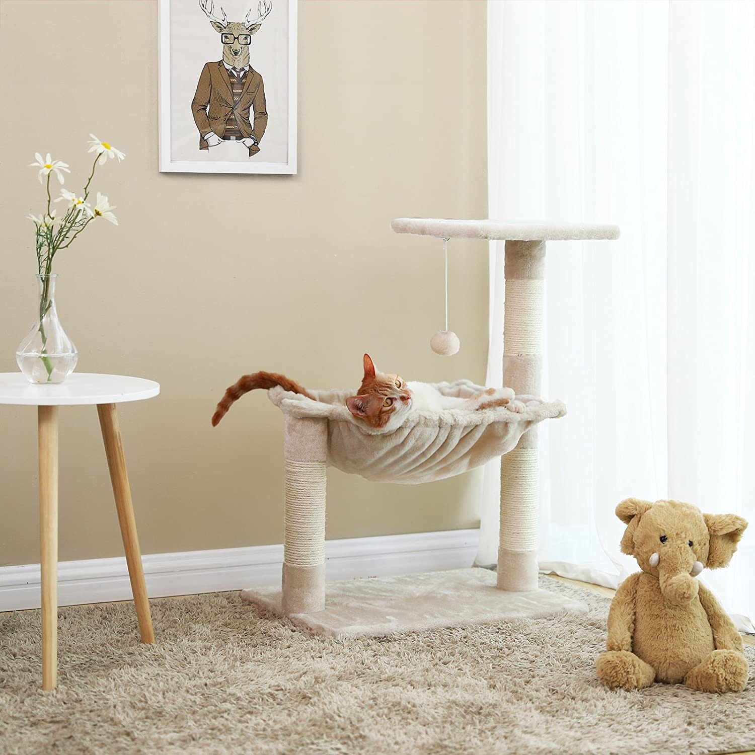 Mala grebalica za mačke s plišanim, visećim krevetićem visine, 70 cm, bež | FEANDREA | FEANDREA-vitahome.hr
