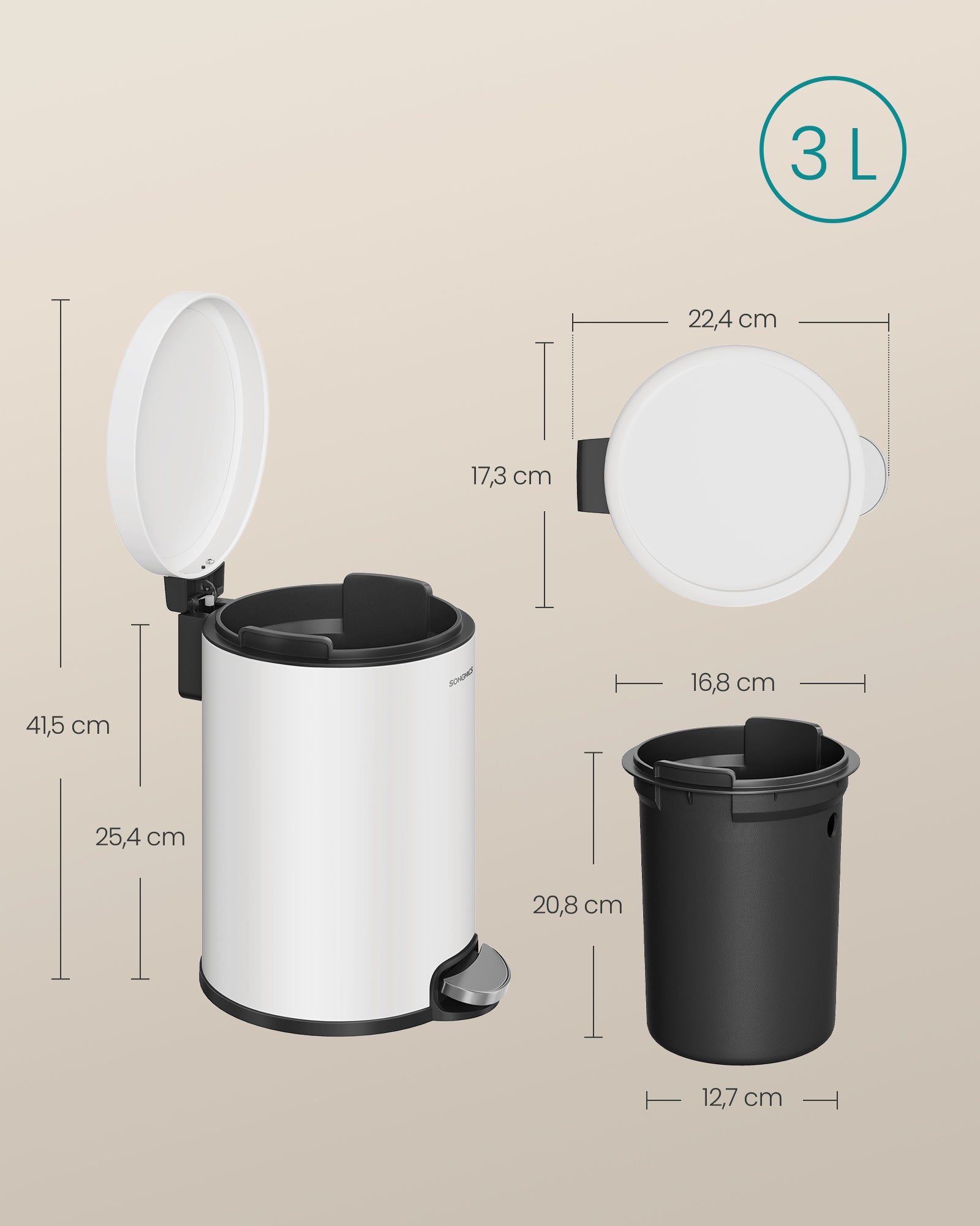 Mala kanta za smeće s pedalom, 3l, 22,4 x 17,3 x 25,4 cm, bijela | SONGMICS