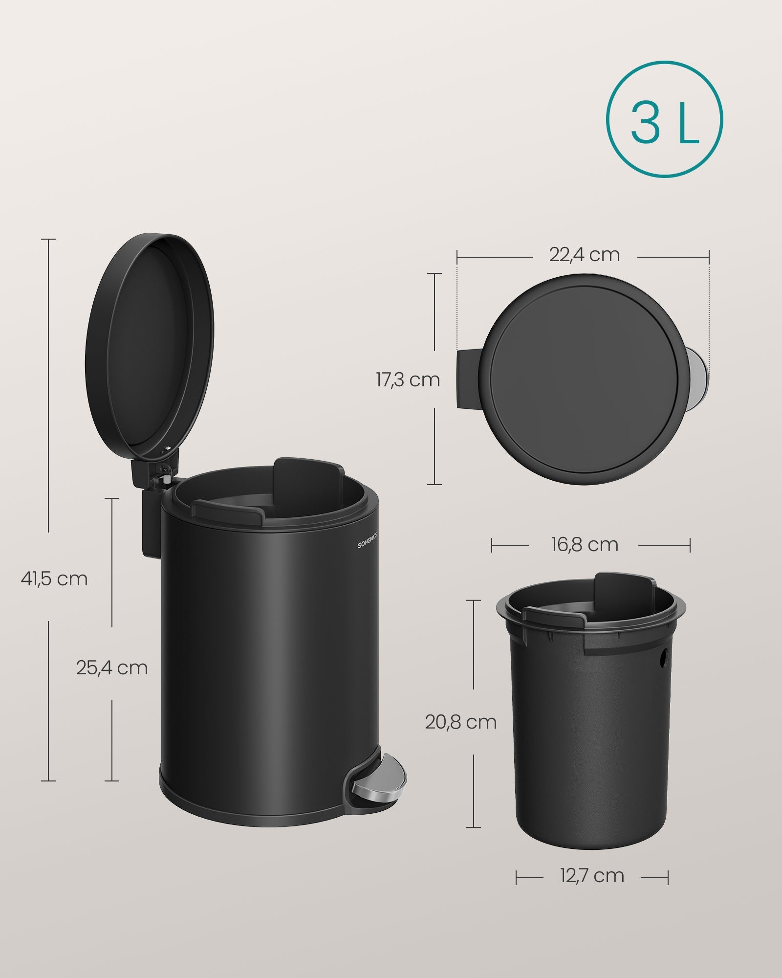 Mala kanta za smeće sa pedalom, 3l, 22,4 x 17,3 x 25,4 cm, crna | SONGMICS