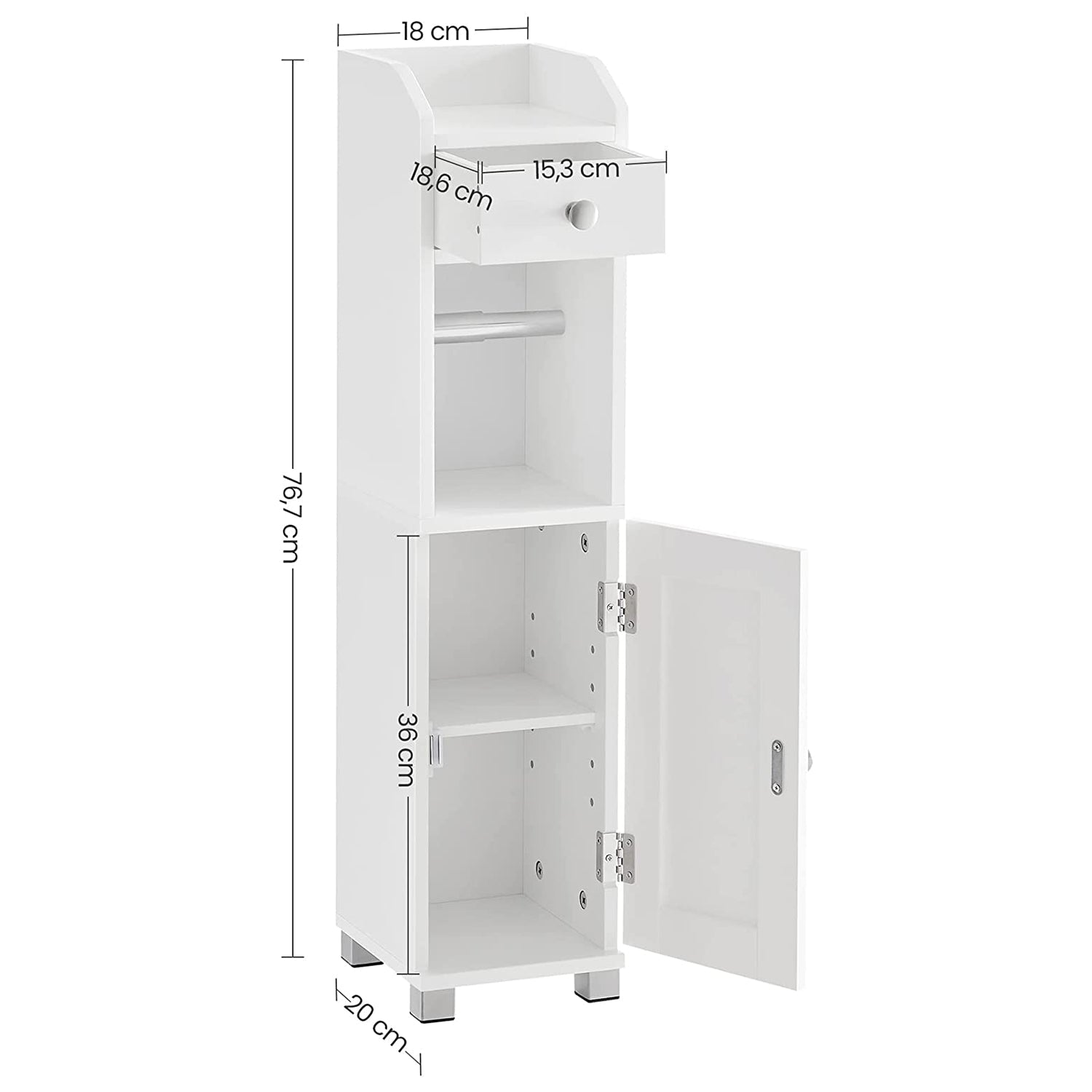 Mali kupaonski ormarić s držačem za WC papir, 20 x 76,7 x 18 cm, bijeli | VASAGLE-vitahome.hr