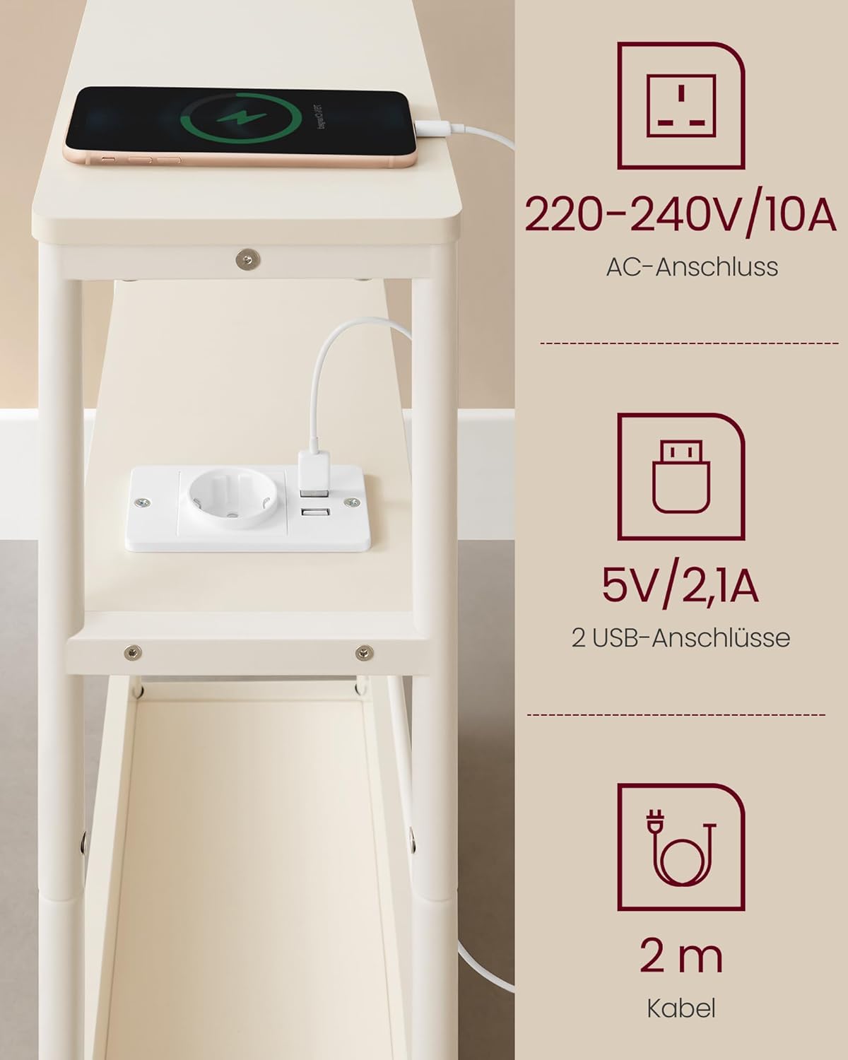 Mali pstolić s funkcijom punjenja, 18 x 45 x 58 cm, krem bijele boje | VASAGLE-VASAGLE-Vita Home