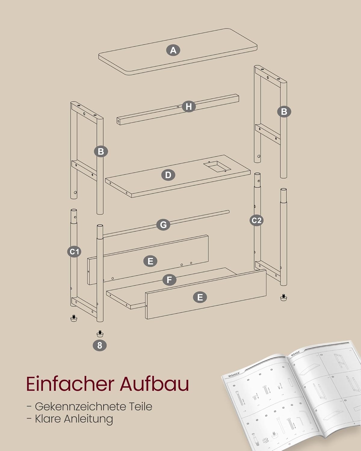 Mali pstolić s funkcijom punjenja, 18 x 45 x 58 cm, krem bijele boje | VASAGLE-VASAGLE-Vita Home