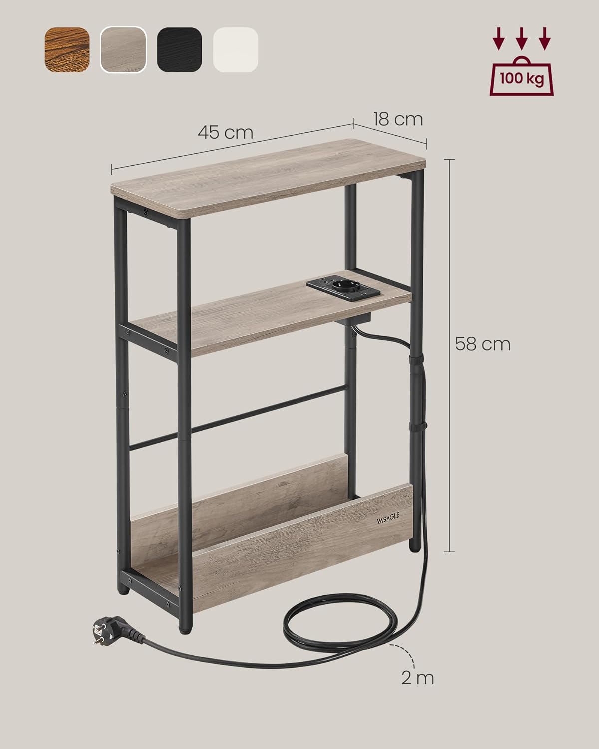 Mali pstolić s funkcijom punjenja, 18 x 45 x 58 cm, sivo smeđa/crna | VASAGLE-vitahome.hr