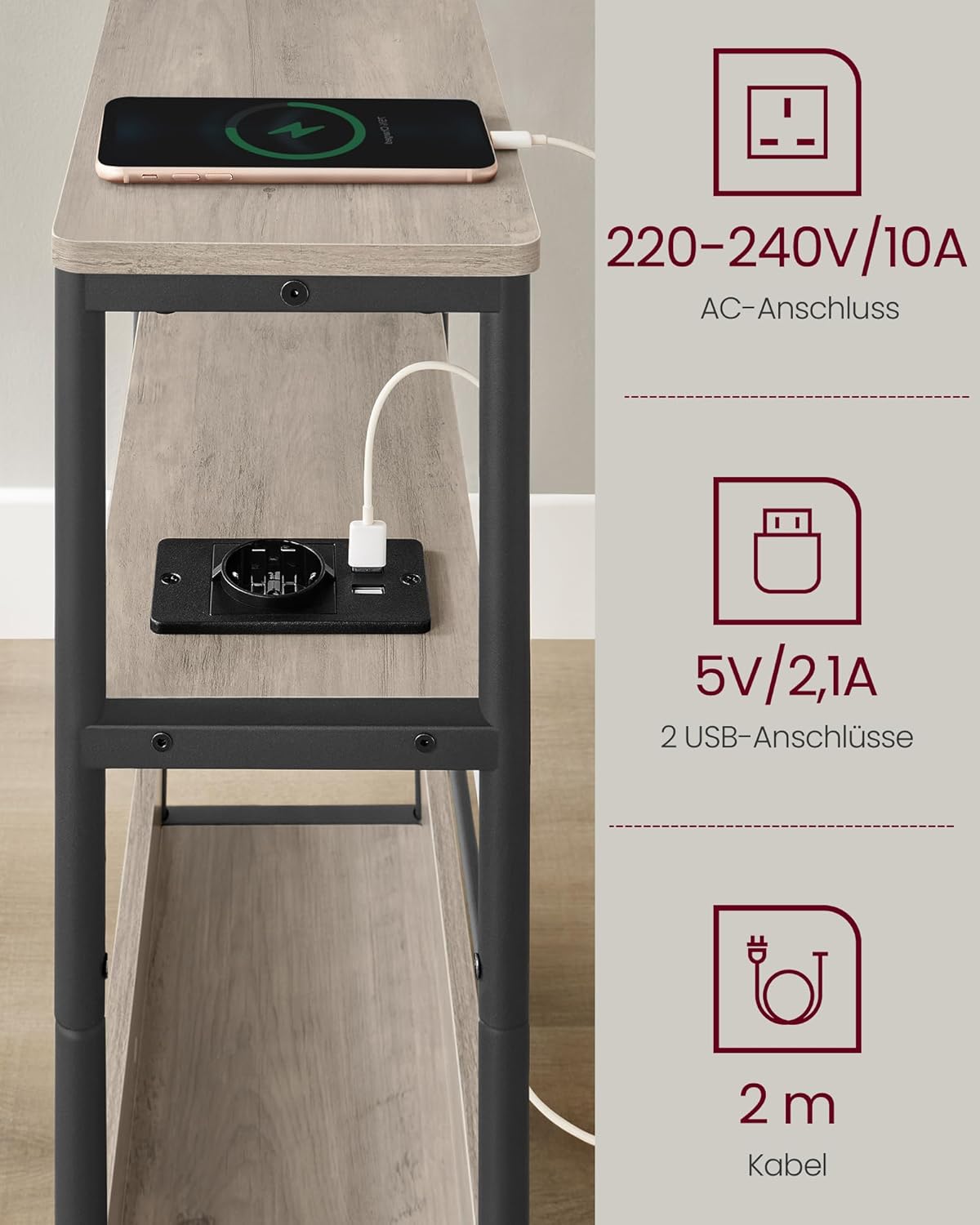 Mali pstolić s funkcijom punjenja, 18 x 45 x 58 cm, sivo smeđa/crna | VASAGLE-vitahome.hr