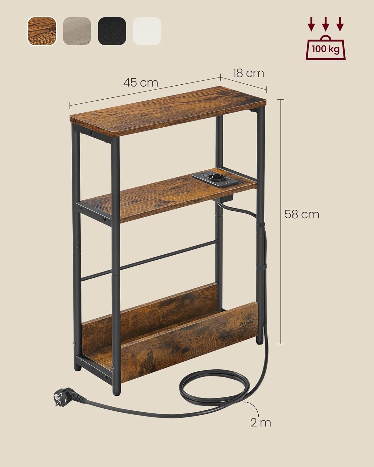 Mali pstolić s funkcijom punjenja, 18 x 45 x 58 cm, vintage smeđa/crna | VASAGLE-vitahome.hr