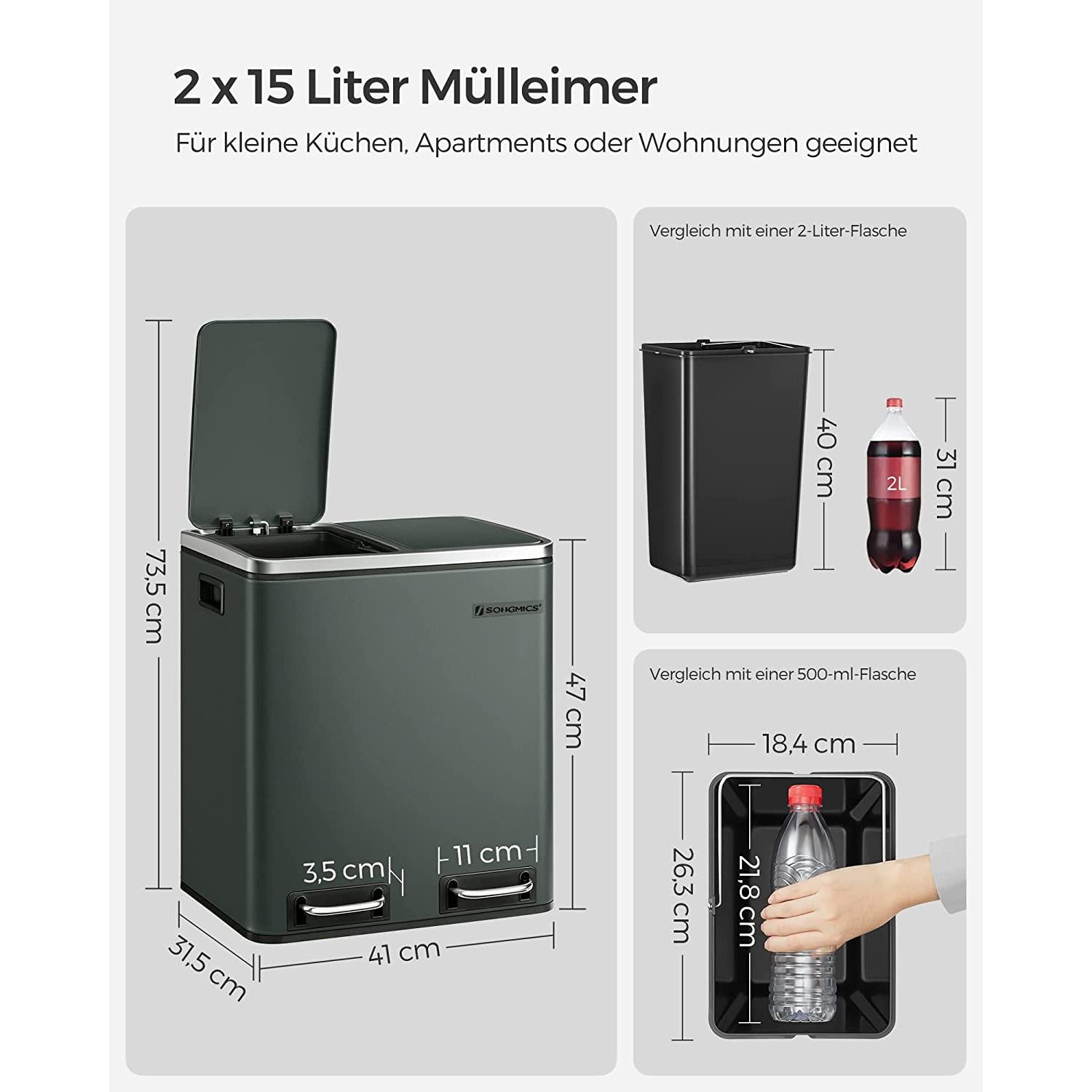 Metalna kanta za smeće 30 litara, 2 kontejnera za otpad od 15 litara, siva | SONGMICS-vitahome.hr