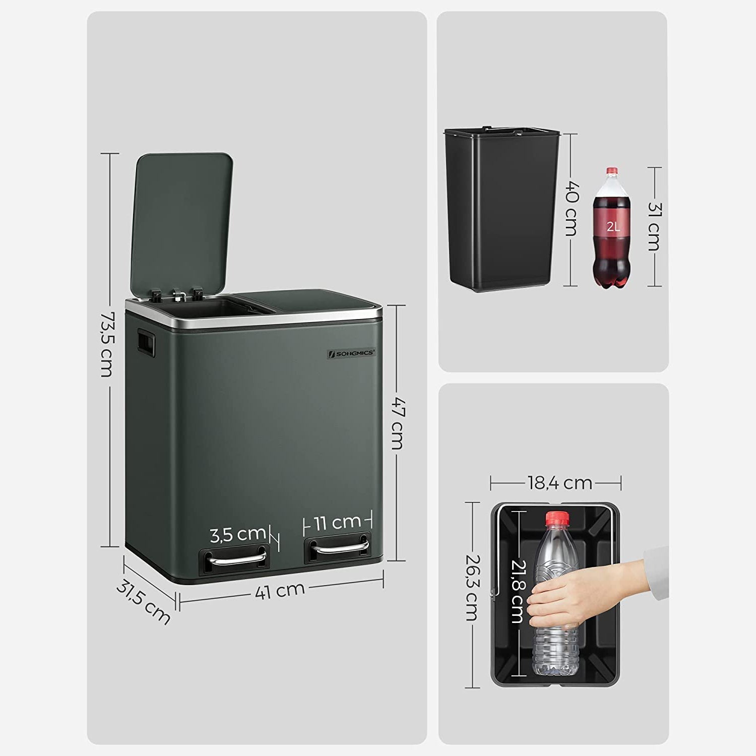 Metalna kanta za smeće 30 litara, 2 kontejnera za otpad od 15 litara, siva | SONGMICS-vitahome.hr