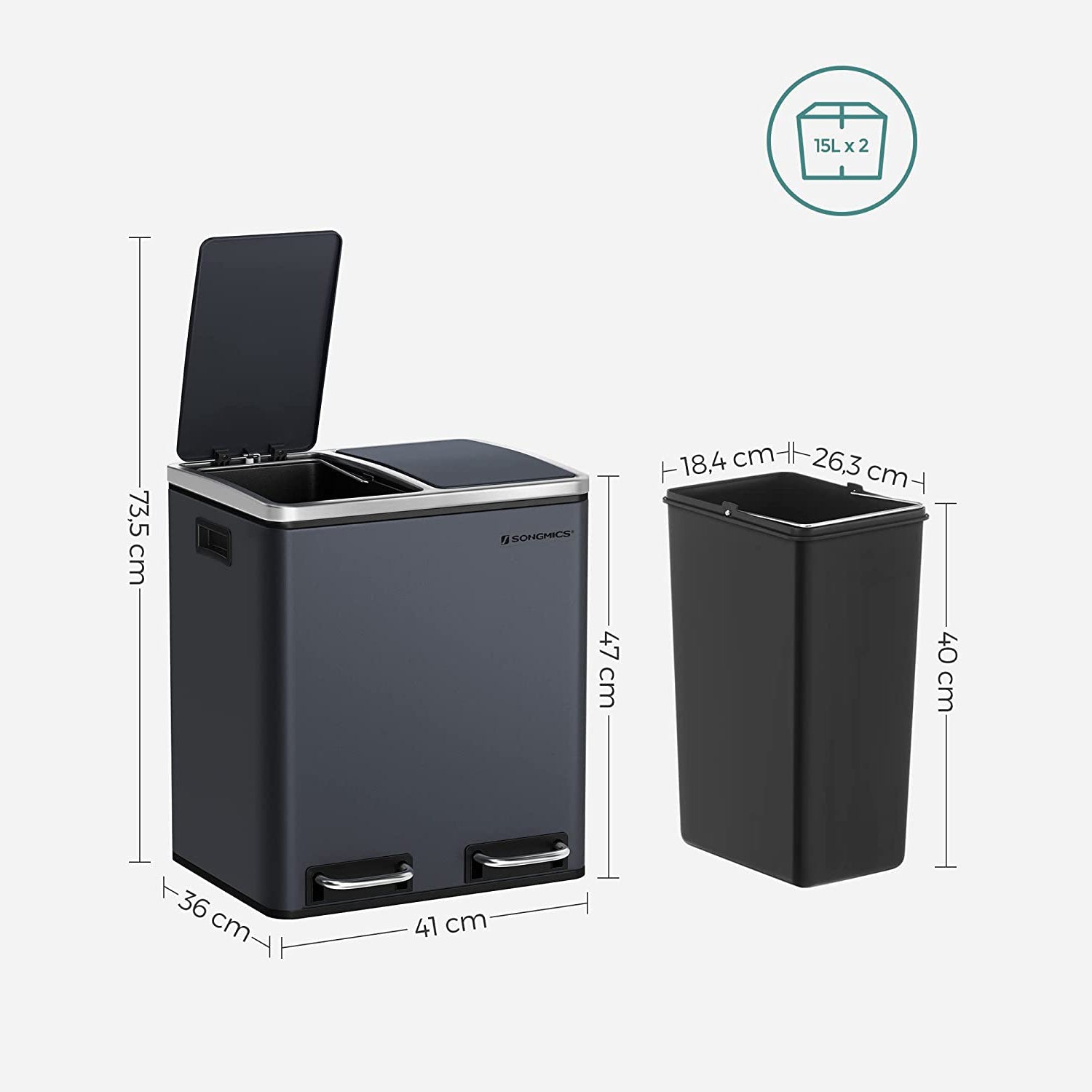 Metalna kanta za smeće 30 litara, 2 kontejnera za otpad od 15 litara, siva | SONGMICS-vitahome.hr