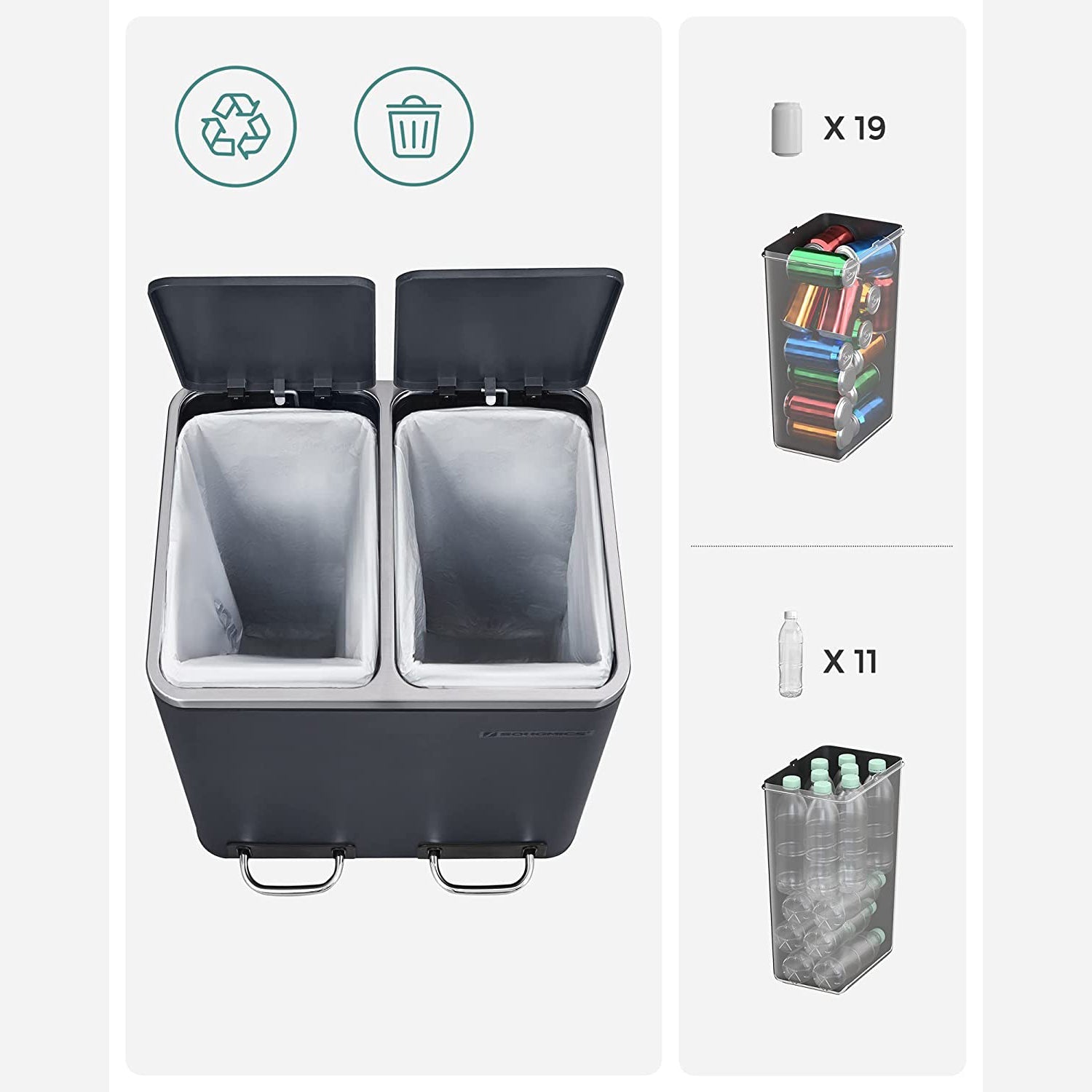 Metalna kanta za smeće 30 litara, 2 kontejnera za otpad od 15 litara, siva | SONGMICS-vitahome.hr