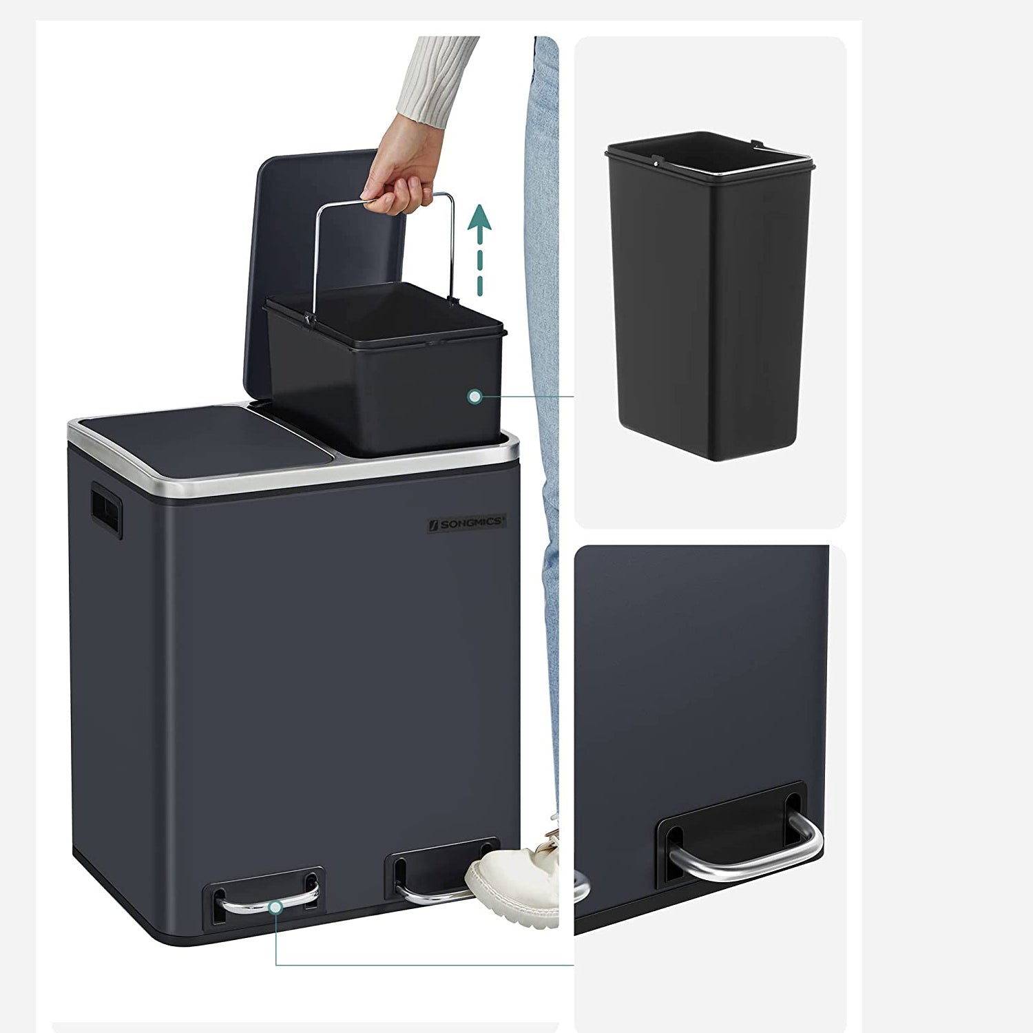 Metalna kanta za smeće 30 litara, 2 kontejnera za otpad od 15 litara, siva | SONGMICS-vitahome.hr