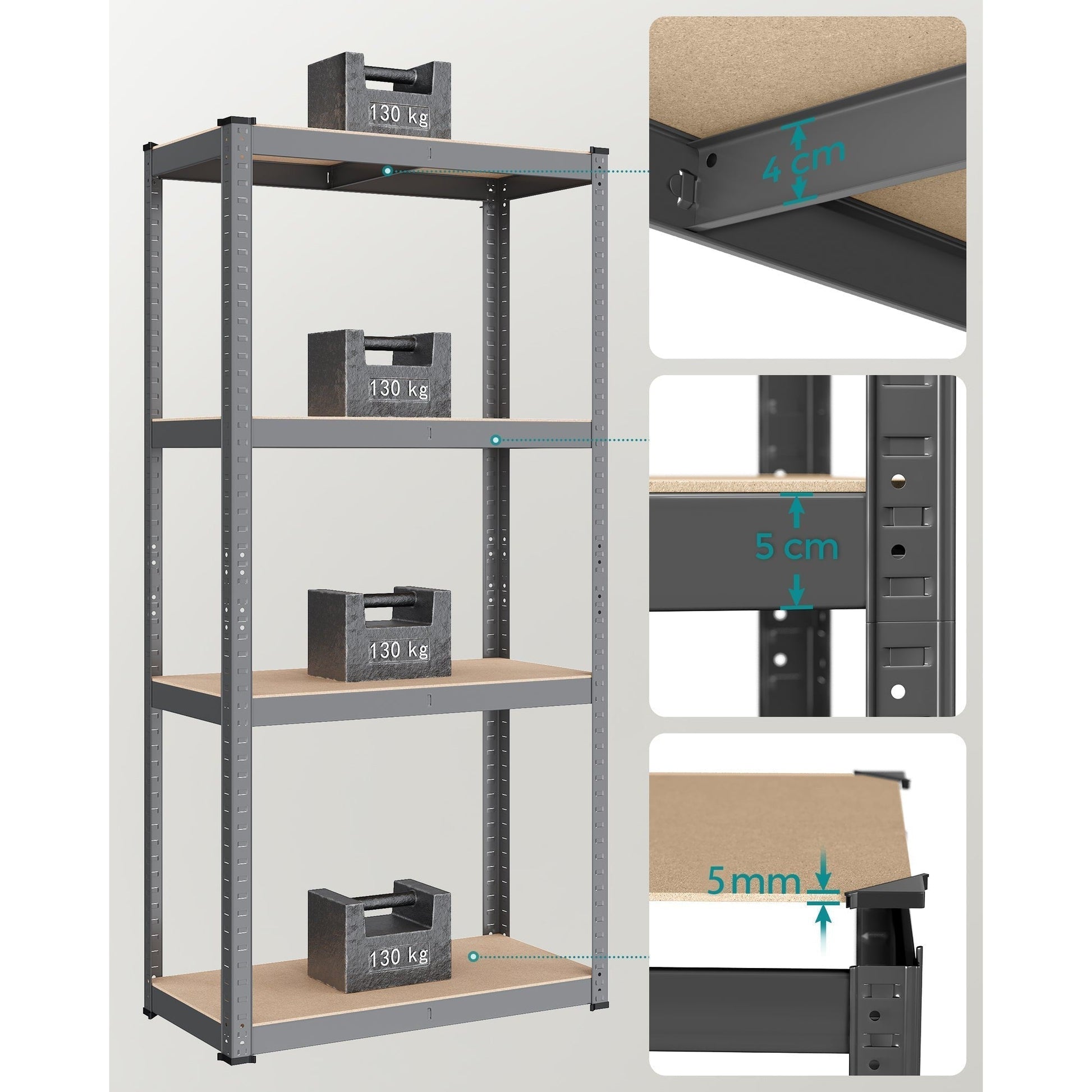 Metalna polica na 4 razine, 40 x 80 x 160 cm, nosivost 520 kg, sive boje | SONGMICS-vitahome.hr