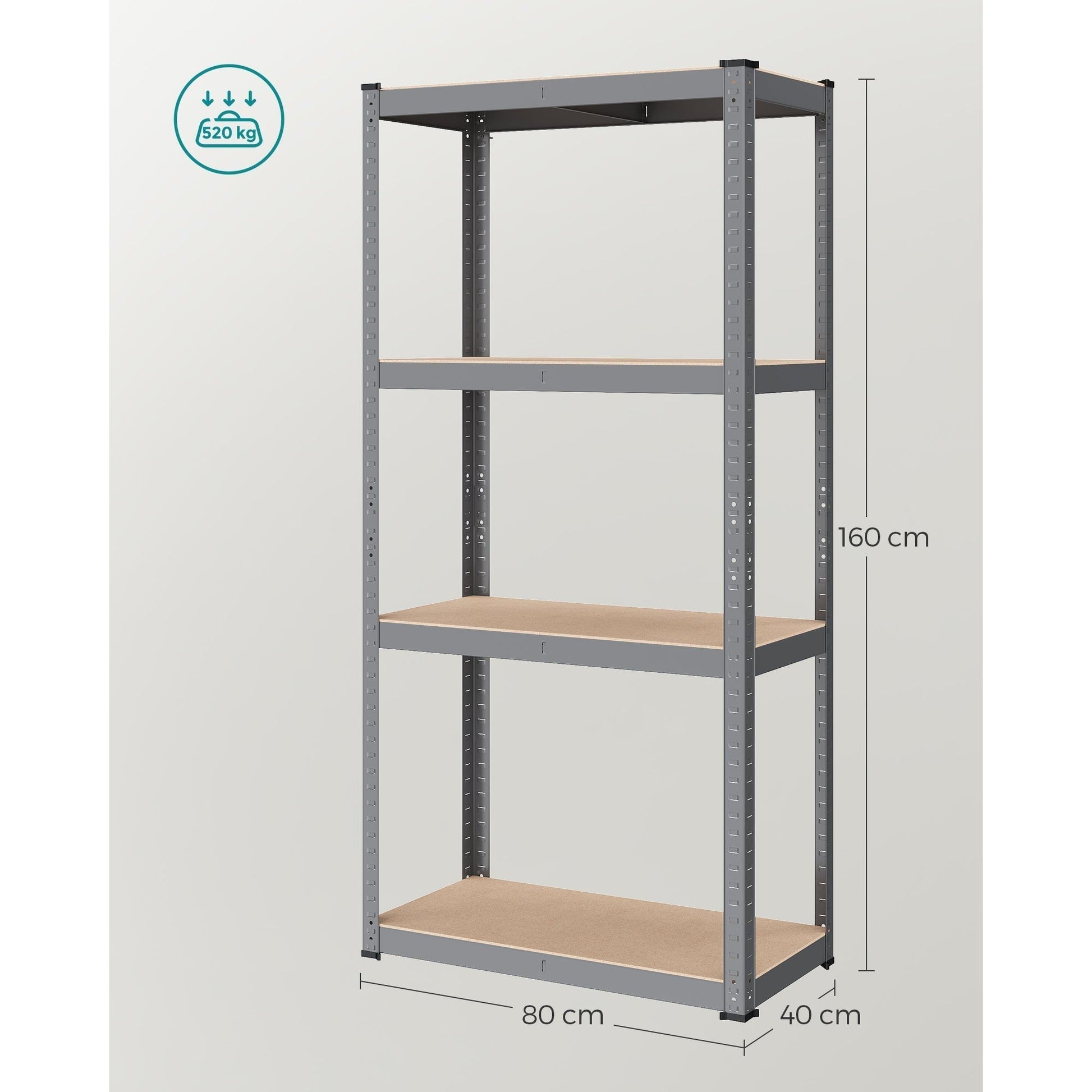 Metalna polica na 4 razine, 40 x 80 x 160 cm, nosivost 520 kg, sive boje | SONGMICS-vitahome.hr