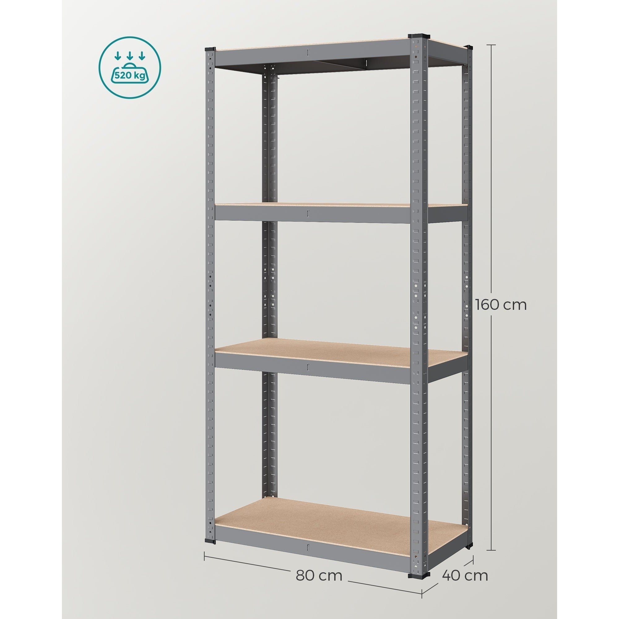 Metalna polica na 4 razine, 40 x 80 x 160 cm, nosivost 520 kg, sive boje | SONGMICS-vitahome.hr