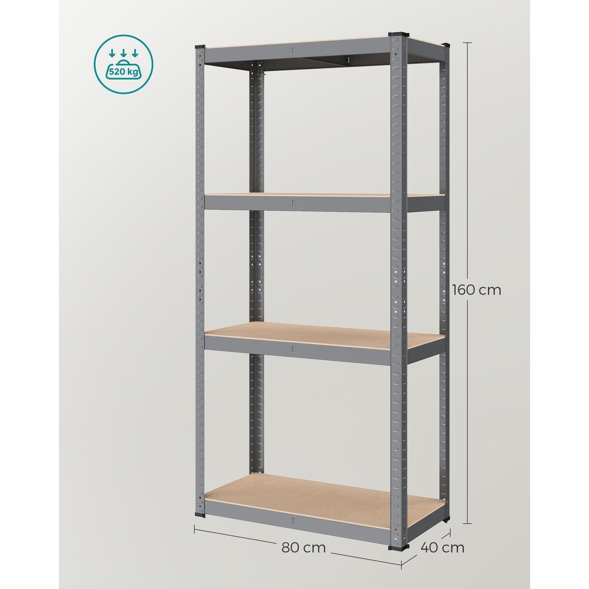 Metalna polica na 4 razine, 40 x 80 x 160 cm, nosivost 520 kg, sive boje | SONGMICS-vitahome.hr