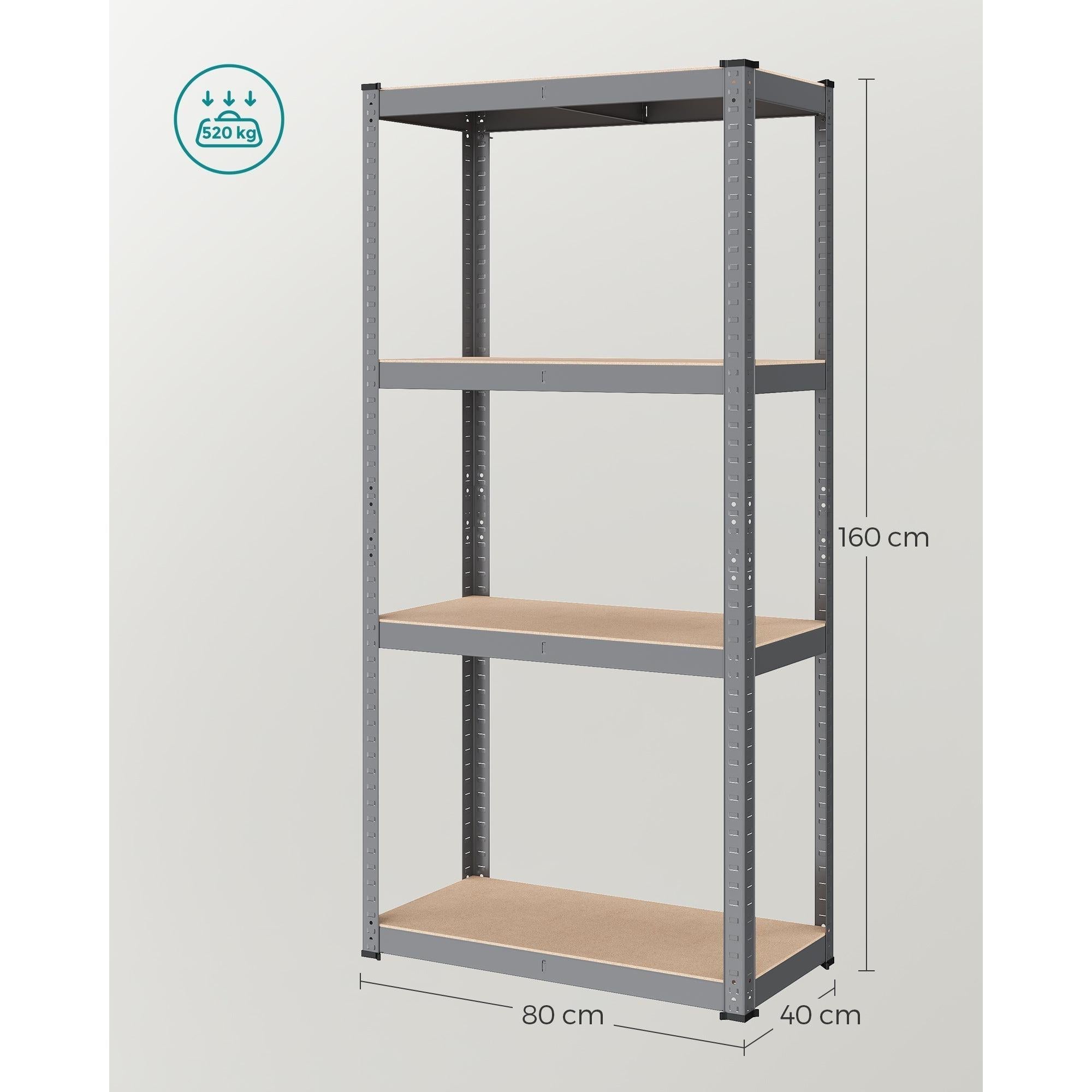 Metalna polica na 4 razine, 40 x 80 x 160 cm, nosivost 520 kg, sive boje | SONGMICS-vitahome.hr