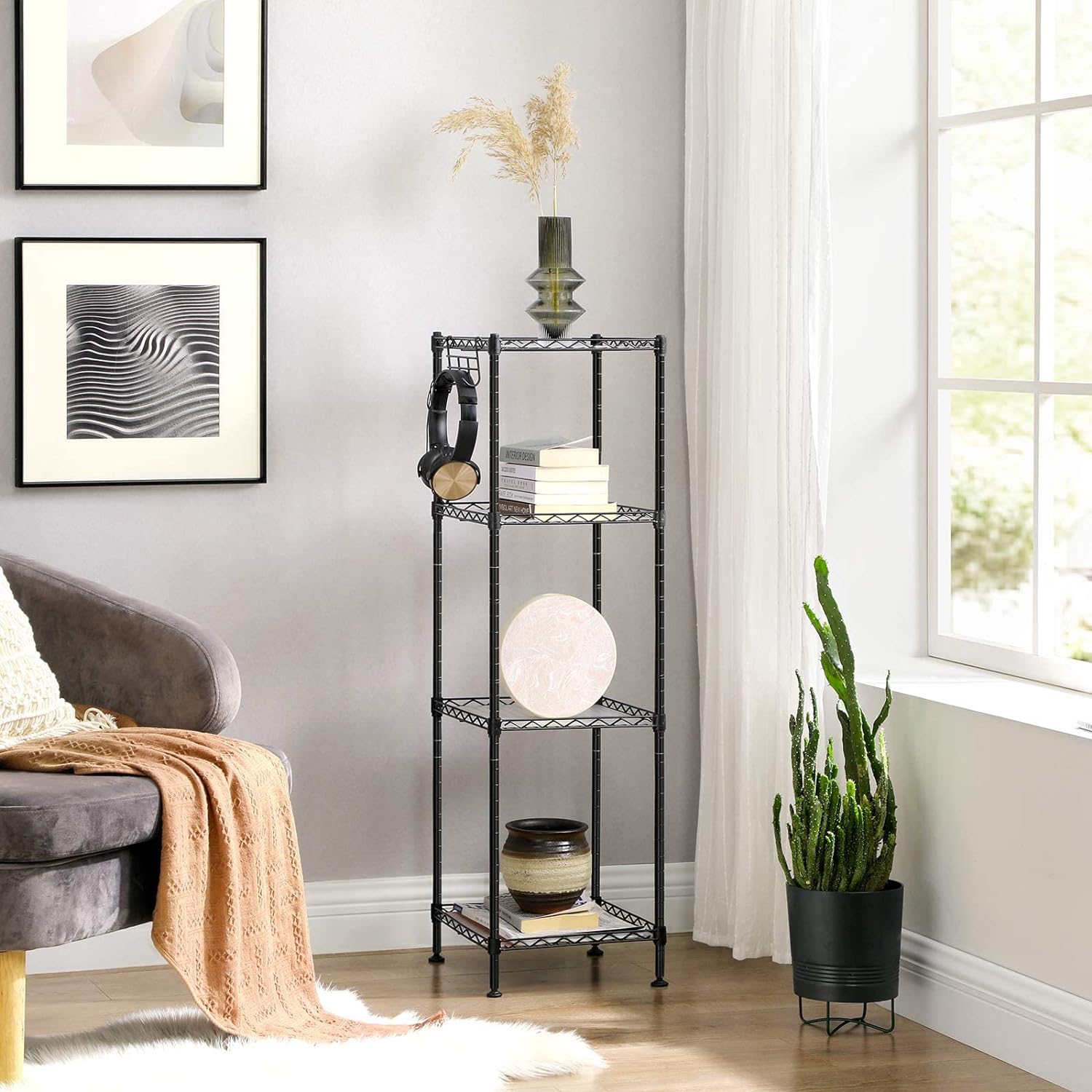 Metalna polica na 4 razine s kukama, nosivost do 80 kg, 30x30x102 cm, crna |SONGMICS | SONGMICS-vitahome.hr