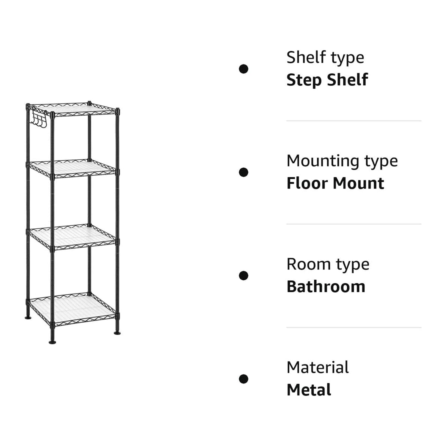 Metalna polica na 4 razine s kukama, nosivost do 80 kg, 30x30x102 cm, crna |SONGMICS | SONGMICS-vitahome.hr