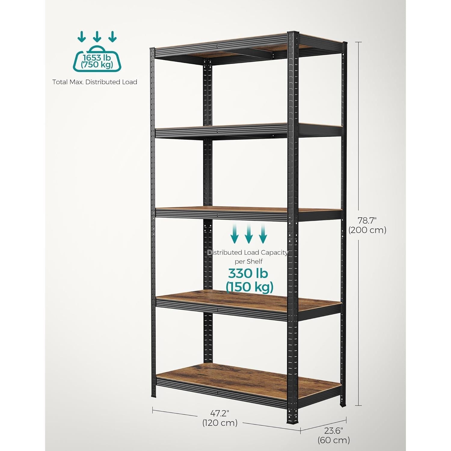 Metalna polica na 5 razina, 60 x 120 x 200 cm, nosivost 750 kg, crno-smeđa | SONGMICS-vitahome.hr
