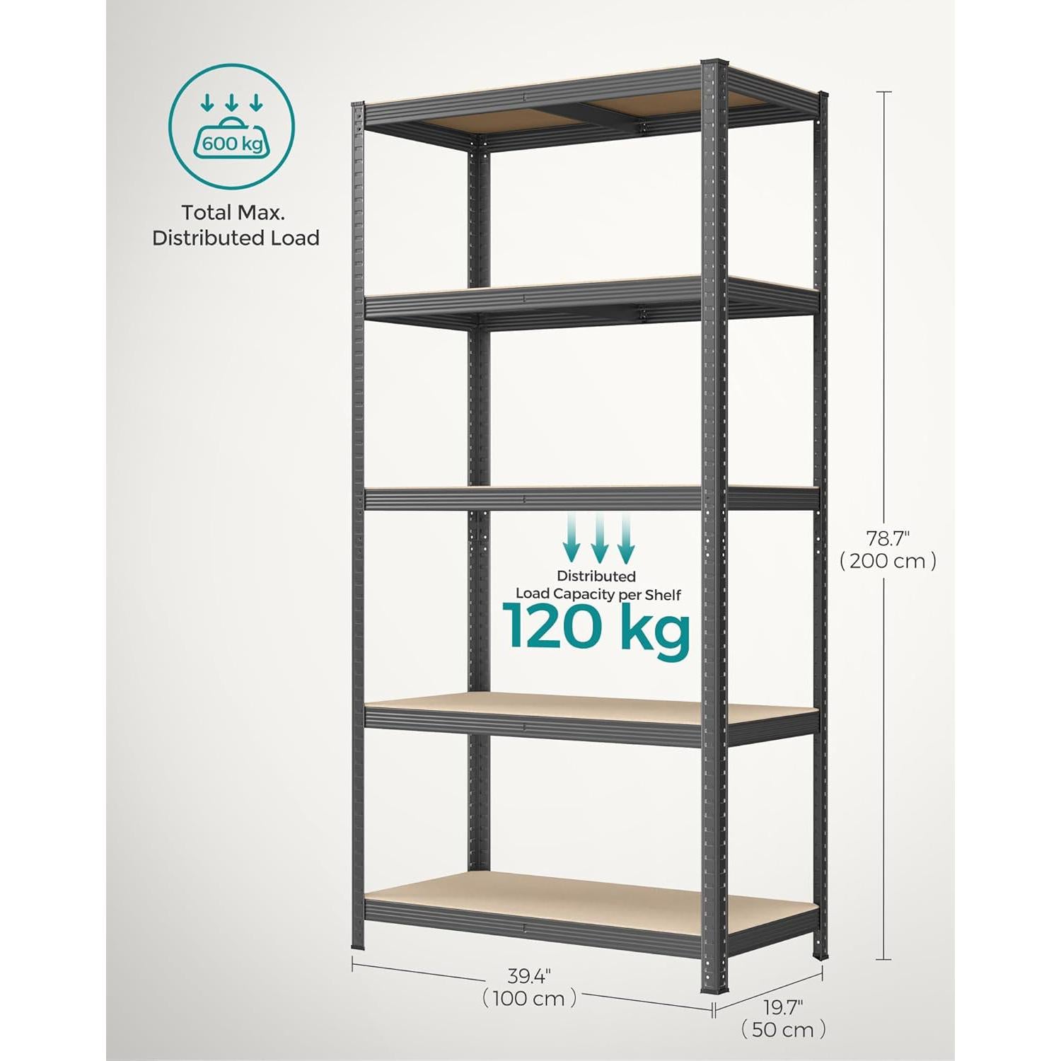 Metalna polica na 5 razina, nosivost 600 kg, 50 x 100 x 200 cm, siva | SONGMICS-vitahome.hr