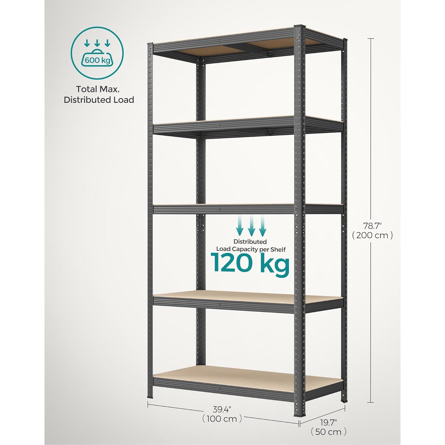 Metalna polica na 5 razina, nosivost 600 kg, 50 x 100 x 200 cm, siva | SONGMICS-vitahome.hr
